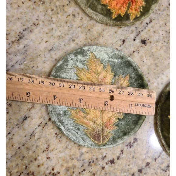 Vintage Velvet Orange Green Leaf Stitching Coasters Set of 6 Fall Autumn Holiday - Picture 9 of 10